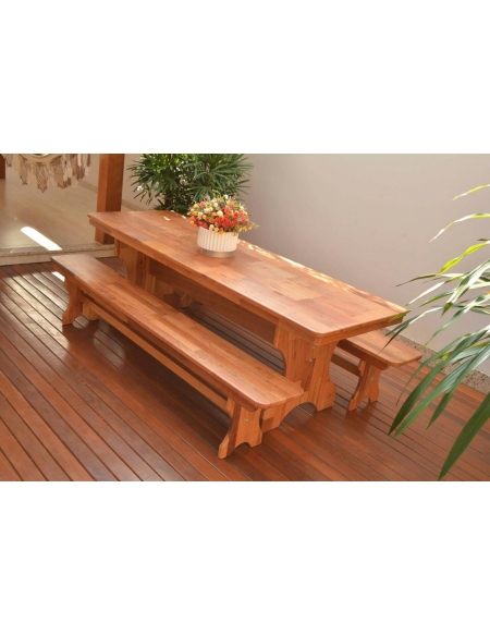 Conjunto Mesa de Jantar Madeira Machetada com 2 Bancos - Angelim
